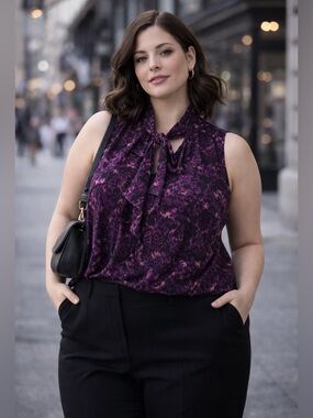 GEORGE Plus Sz 2X Sleeveless Tie Neck Blouse Purple Black Abstract Semi Sheer